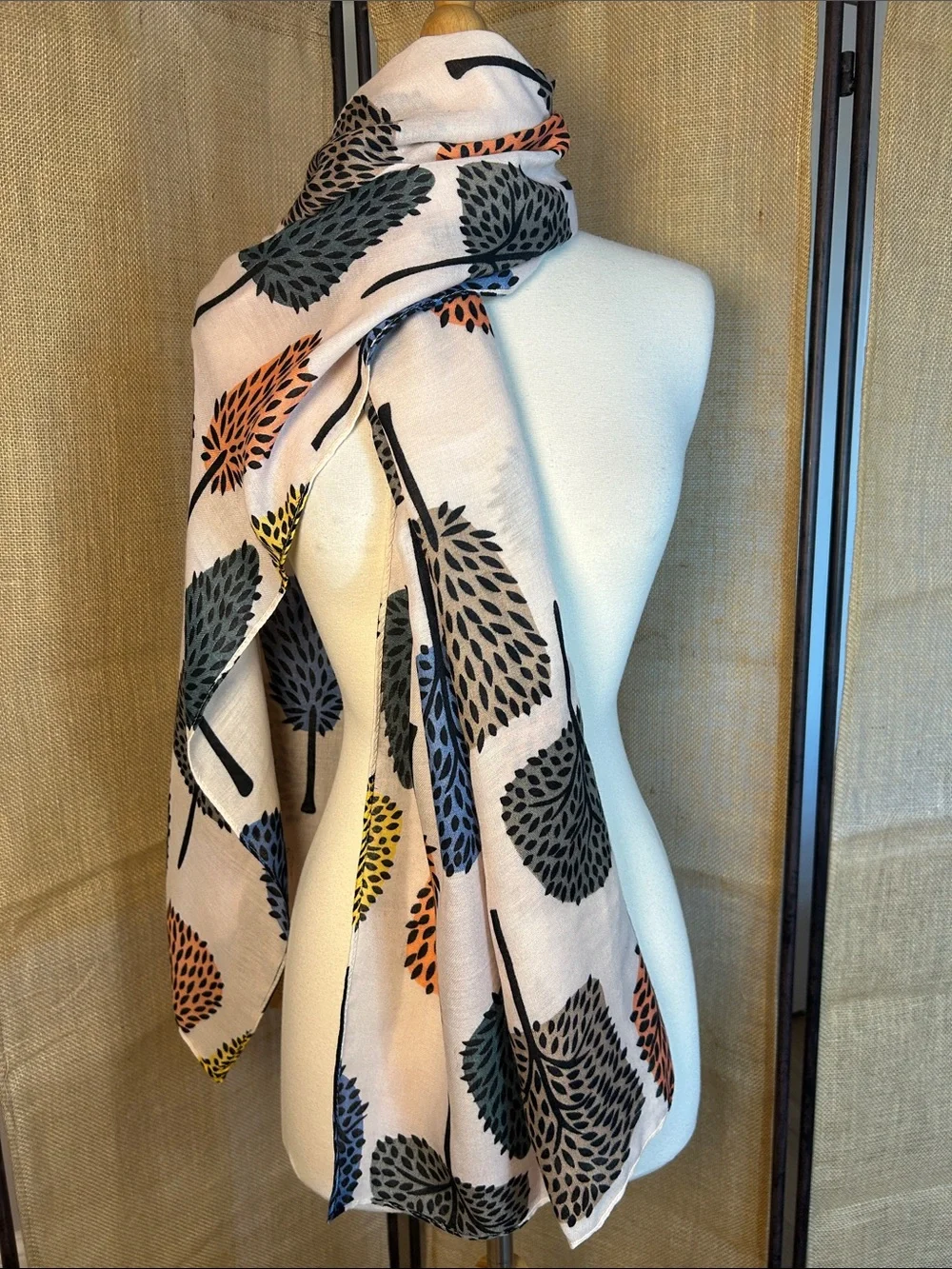 NWT EcoStyle Lightweight scarf cream background with multicolor tree motifs